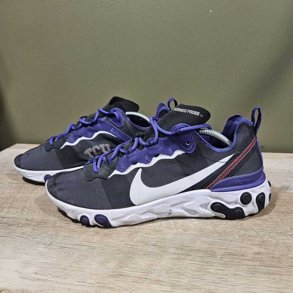 Nike React Element 55 TCU Horned Frogs Men's Size 11 Sneakers Black Purple